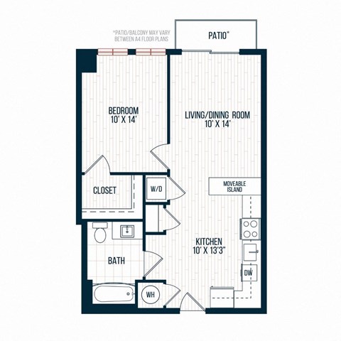 Floor plan for 1 bed, 1 bath, 673 sqft